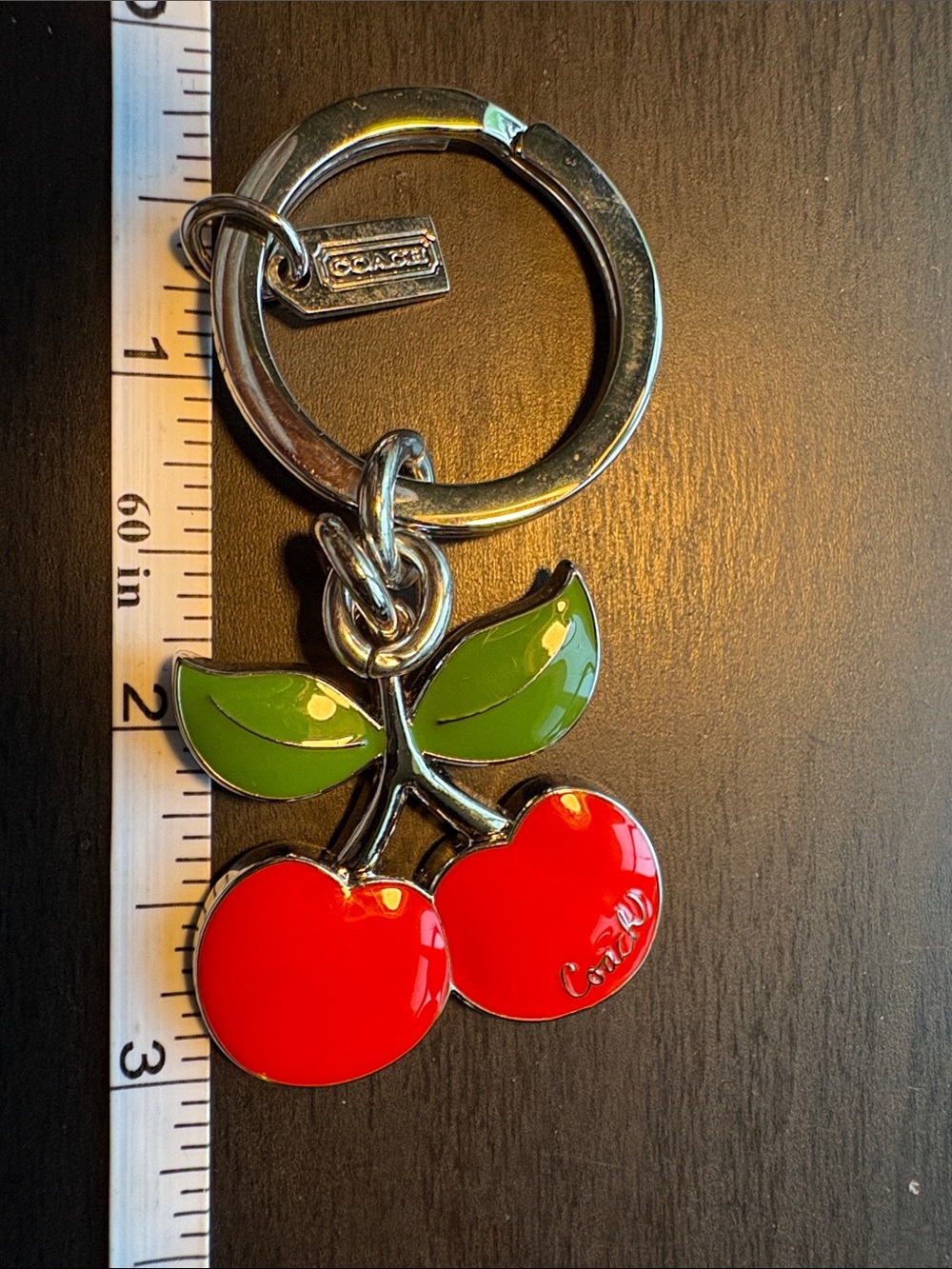 Coach Vintage Red Cherry Enamel Keychain with Green Leaves
